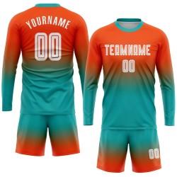 Maillot de football personnalisé à manches longues, imprimé par sublimation, orange, blanc et turquoise