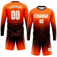 Maillot de football personnalisé à manches longues, imprimé par sublimation, orange, blanc et marron, à la mode Maillot de football personnalisé à manches longues, imprimé par sublimation, orange, blanc et marron, à la mode